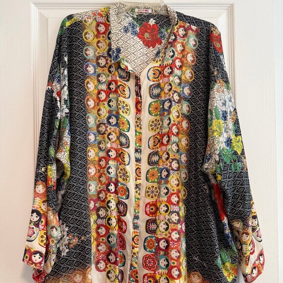 Johnny Was Tops - Johnny Was Babette 100 Silk Nesting Dolls Matryoshka Tunic Blouse